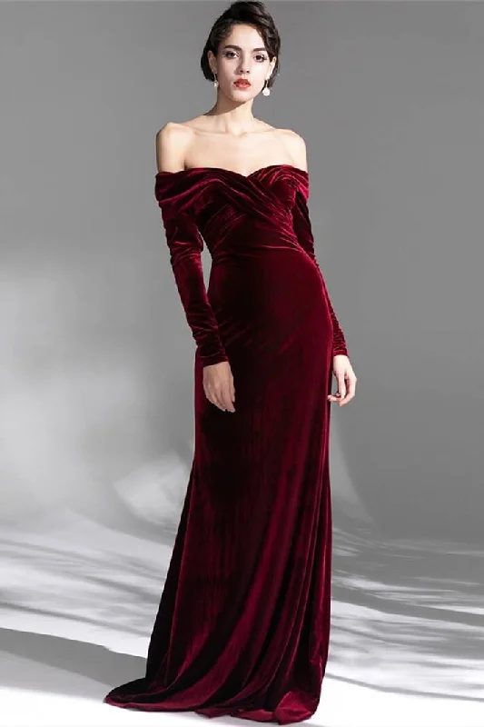 Long Sleeves Burgundy Velvet Dress Elegant maxi dresses