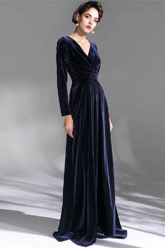 Long Sleeves Navy Blue Velvet Dress Summer maxi dresses