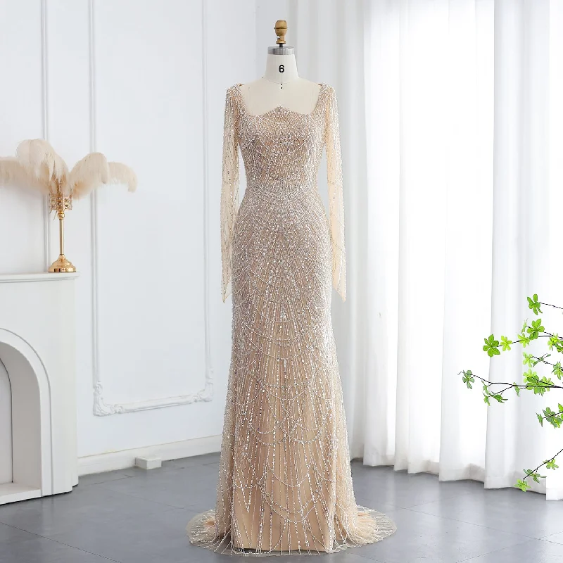 Luxury Beaded Champagne Long Sleeves Mermaid Evening Dress SS114 Ruffled maxi dresses