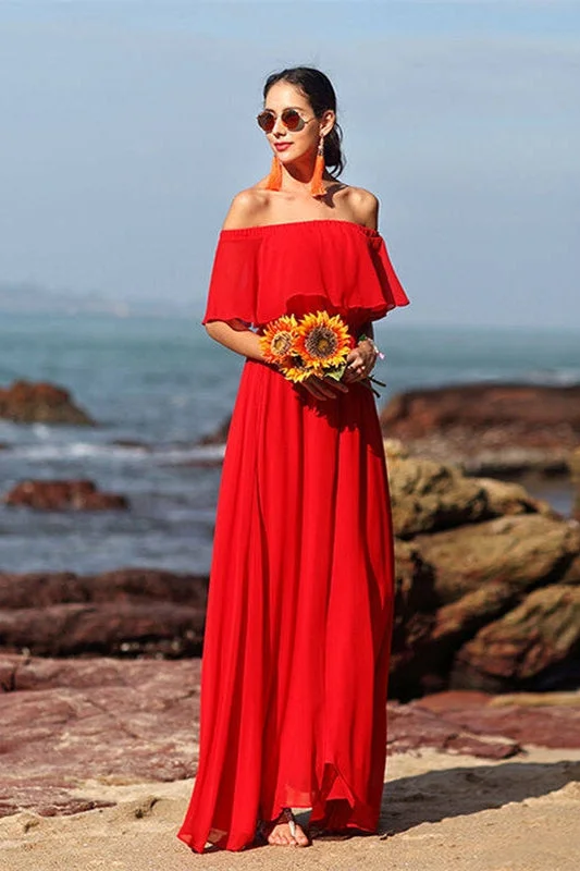 Off the Shoulder Red Chiffon Maxi Dress Discounted maxi dresses