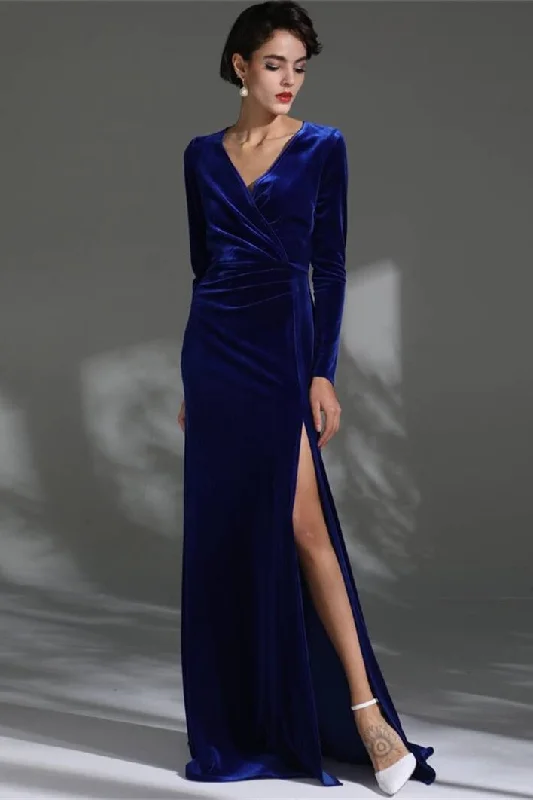 Royal Blue Velvet Long Sleeves Dress Flattering maxi dresses for all body types