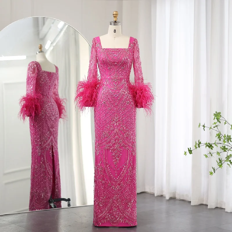 Luxury Fuchsia Long Sleeves Feathers Evening Dresses SS239 Cocktail maxi dresses