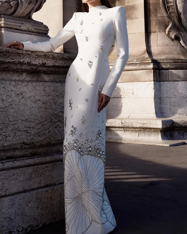 Luxury Crystal White Muslim Long Sleeves Evening Dress SS258 Satin maxi dresses