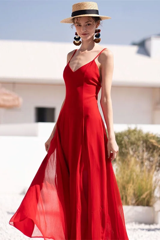 V Neck Red Chiffon Maxi Dress Luxury maxi dresses