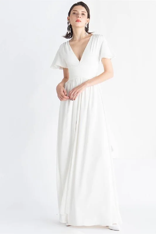 White Chiffon Long Dress with Slit Spring maxi dresses