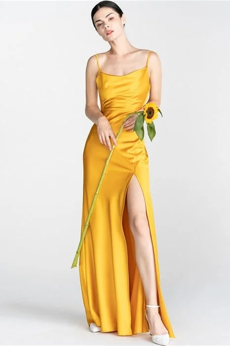 Yellow Long Slip Dress with Slit Fall maxi dresses