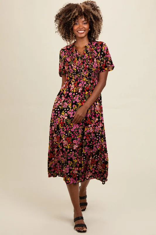 Black Floral Smocked Button Up Midi Dress Anniversary midi dresses