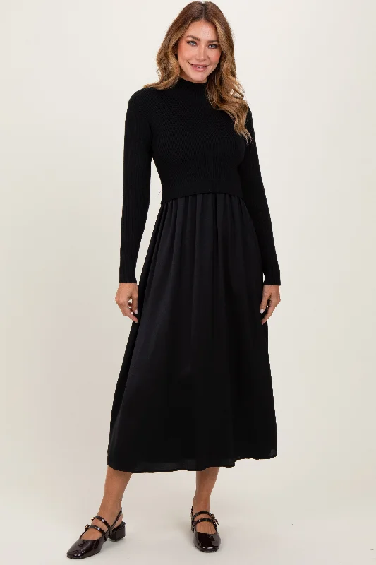 Black Knit Contrast Top Satin Midi Dress Best midi dresses for hourglass body shape