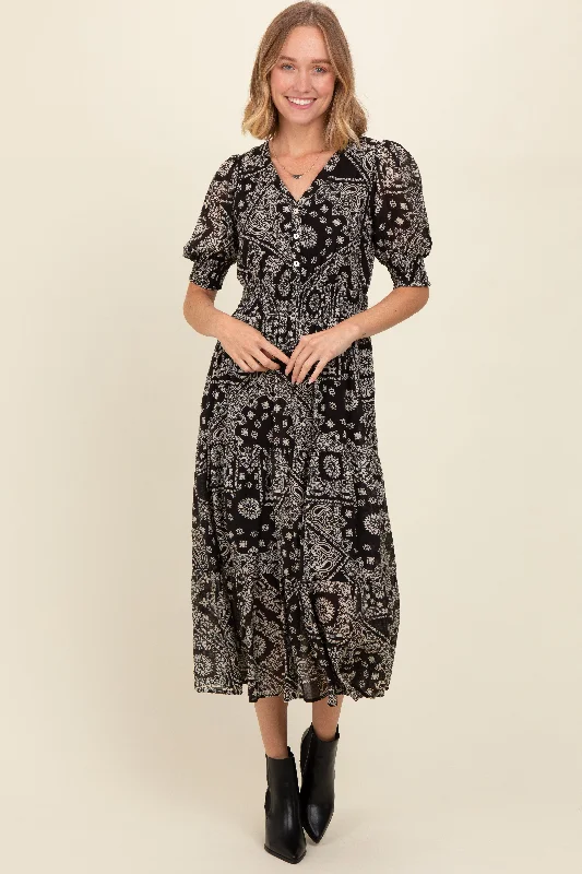 Black Paisley Button Front V-Neck Tiered Midi Dress Boohoo midi dresses