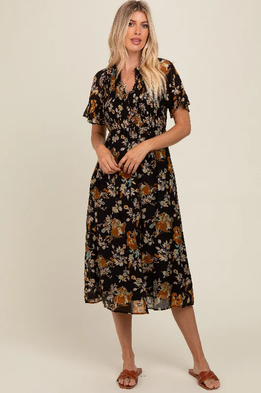 Black Smocked Floral Midi Dress Spring midi dresses