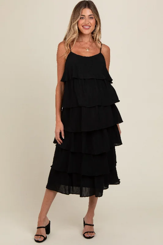 Black Tiered Maternity Midi Dress Y2K midi dresses