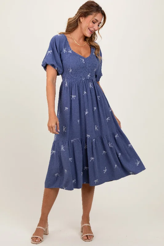 Blue Ribbon Print Smocked Midi Dress Velvet midi dresses