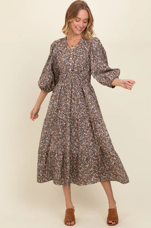 Brown Floral Button Front V-Neck Midi Dress Smocked midi dresses