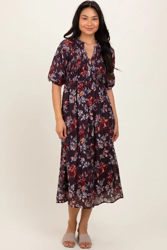 Brown Floral Smocked Button Down Midi Dress Festival midi dresses