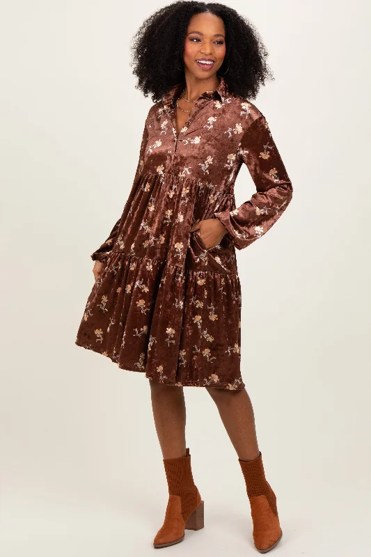 Brown Floral Velvet Button Down Midi Dress Best midi dresses for elegant looks