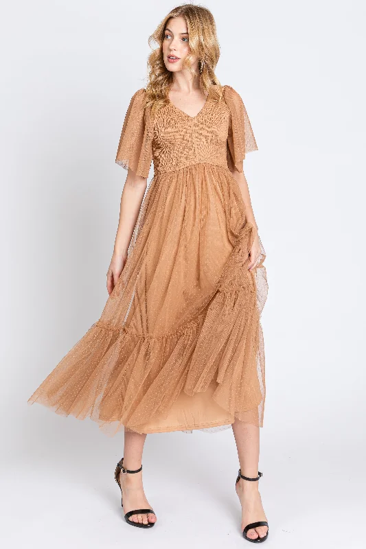 Camel Dotted Tulle Smocked Midi Dress Elegant midi dresses