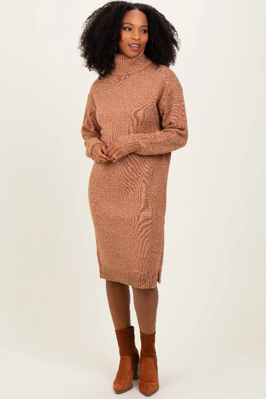 Camel Turtleneck Side Slit Midi Sweater Dress Date night midi dresses