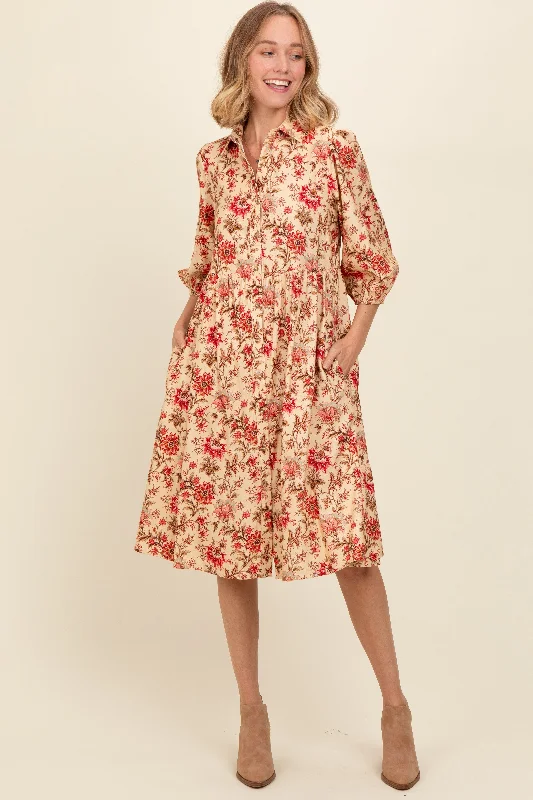 Cream Floral Button Down Midi Dress Formal midi dresses