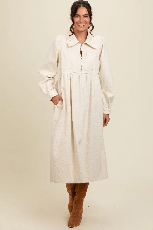 Cream Half Zip Front Pocket Collared Midi Dress Vintage midi dresses