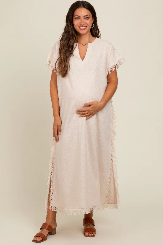 Cream Linen Fringe Accent Side Slit Maternity Midi Dress Best midi dresses for summer vacation