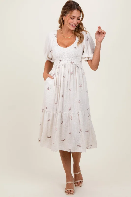 Cream Ribbon Print Smocked Midi Dress Strapless midi dresses