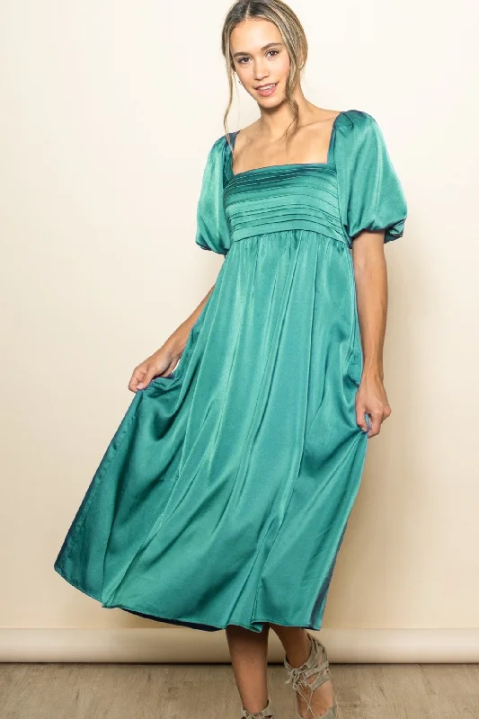 Emerald Green Satin Pleated Bodice Puff Sleeve Midi Dress Graduation midi dresses