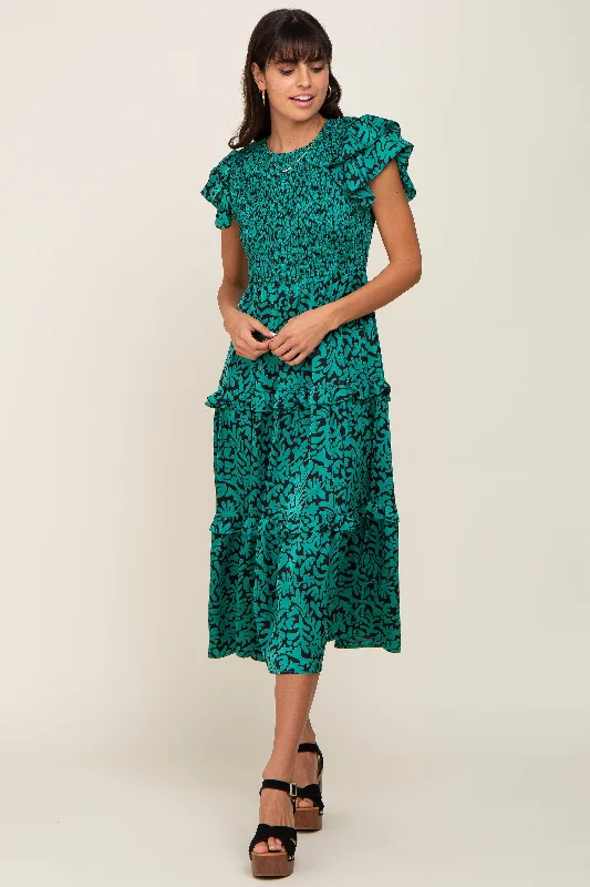 Green Print Smocked Ruffle Tiered Midi Dress ASOS midi dresses