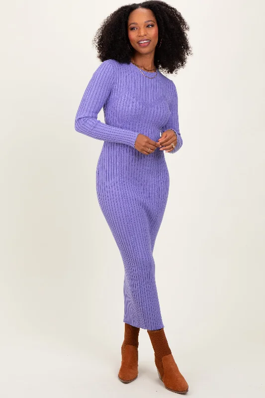 Lavender Contrast Ribbed Knit Midi Dress Discounted midi dresses