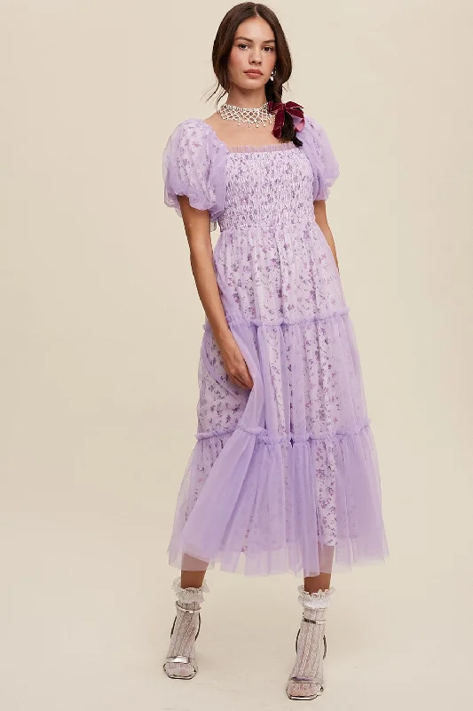 Lavender Floral Lined Smocked Tulle Midi Dress Birthday midi dresses