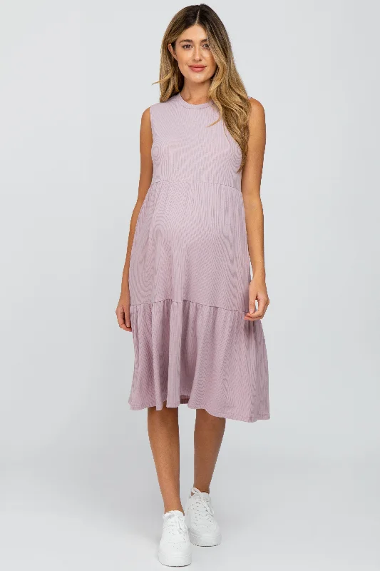 Lavender Ribbed Sleeveless Maternity Midi Dress Best midi dresses for curvy figures