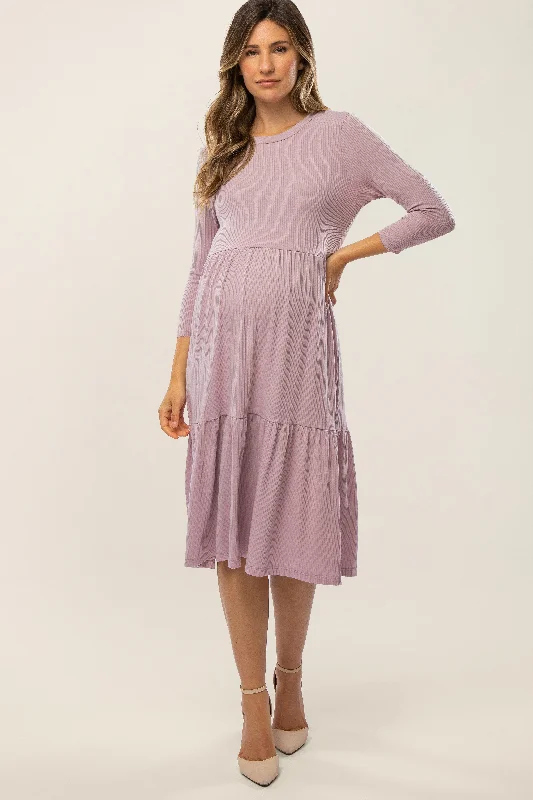 Lavender Tiered Ribbed 3/4 Sleeve Maternity Midi Dress Best midi dresses for date night