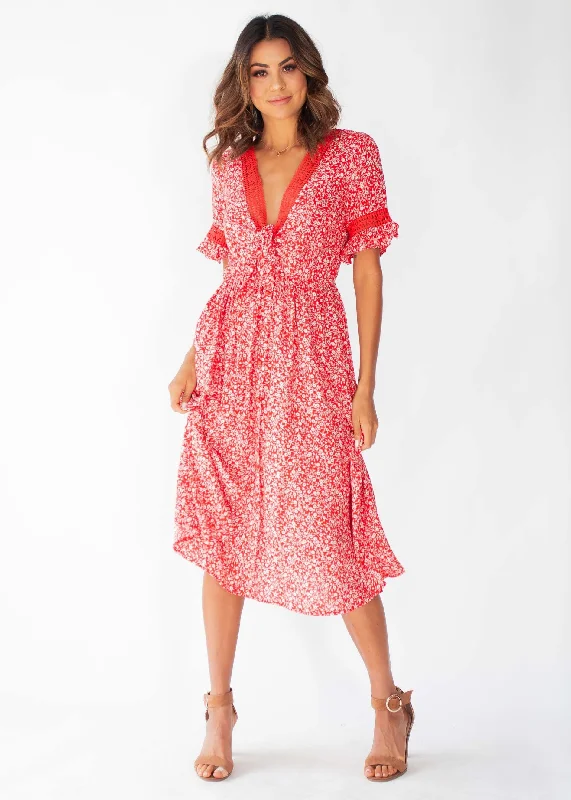 Lovers Kiss Tie Midi Dress - Red Floral Best midi dresses for petites