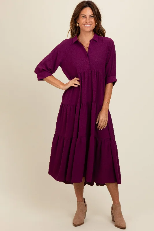 Magenta Collared Button Up Tiered Midi Dress Designer midi dresses