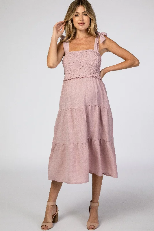 Mauve Bow Strap Tiered Maternity Midi Dress Sexy midi dresses