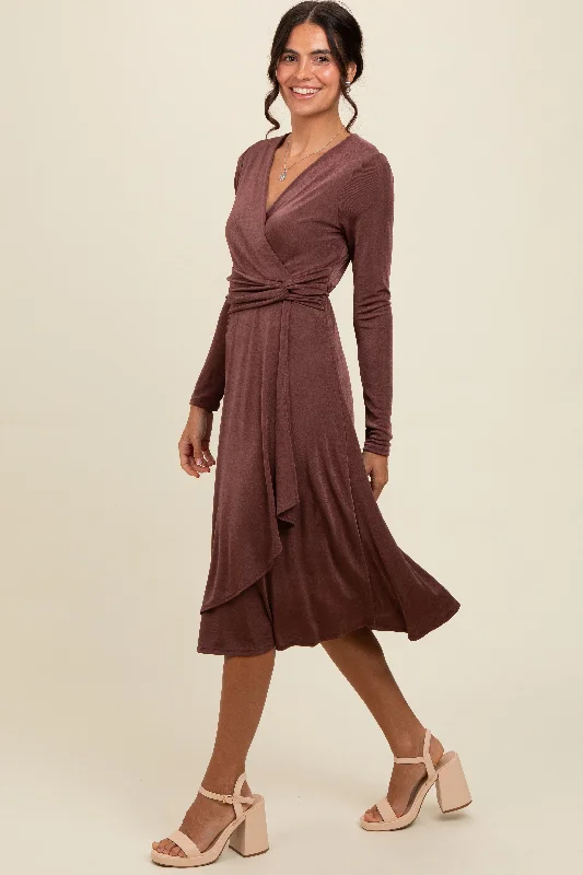 Mauve Metallic Twist Detail Wrap Midi Dress Boho midi dresses