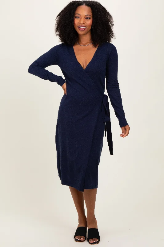 Navy Blue Knit Long Sleeve Wrap Midi Dress Cute floral print midi dresses