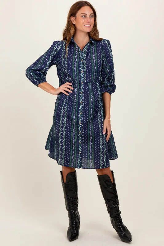 Navy Floral Striped Button Down Midi Dress Long sleeve midi dresses