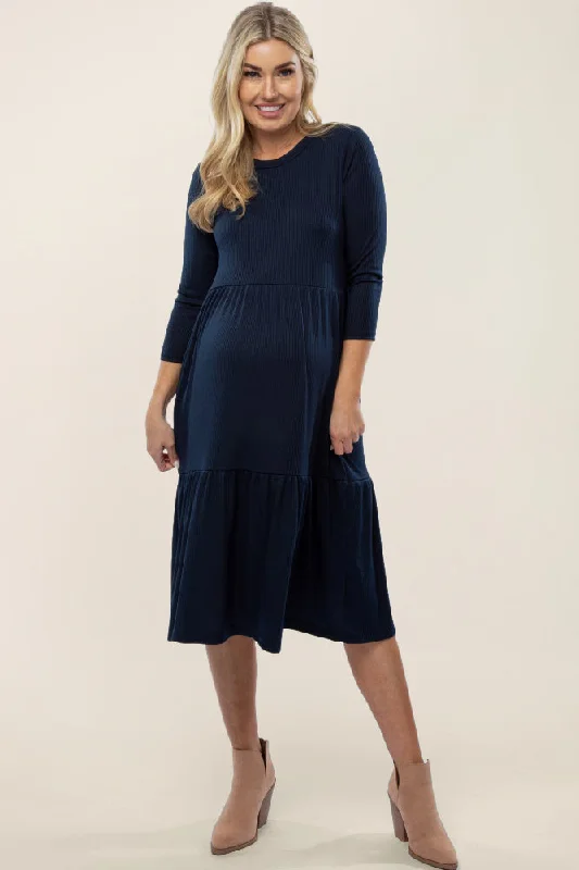 Navy Tiered Ribbed 3/4 Sleeve Maternity Midi Dress Best midi dresses for plus size