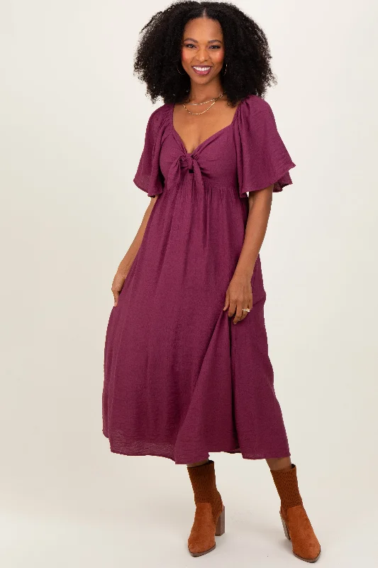 Plum Front Tie Ruffle Sleeve Midi Dress Red carpet midi dresses