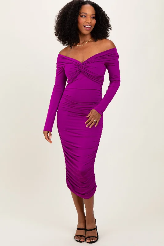 Purple Off Shoulder Ruched Long Sleeve Midi Dress Summer party midi dresses