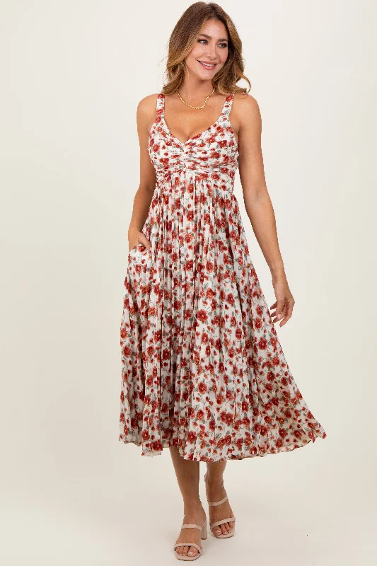 Red Floral Pleated Midi Dress Must-have midi dresses for this season