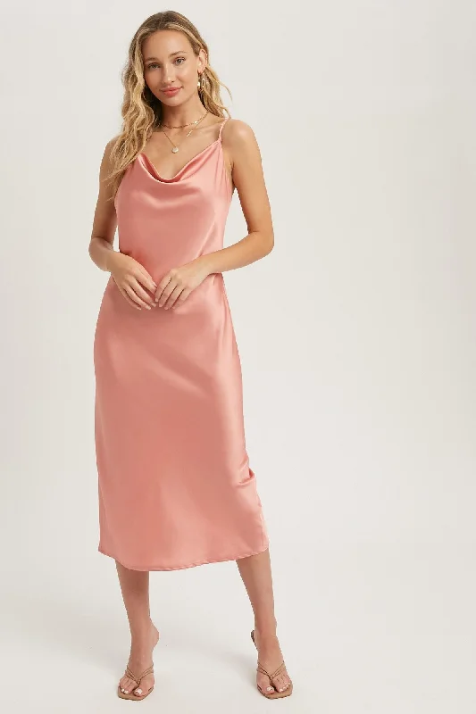 Rose Satin Cowl Neck Midi Slip Dress Party midi dresses