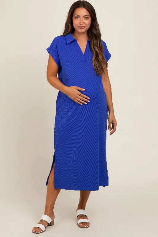 Royal Blue Collared Side Slit Maternity Midi Dress Sexy little black midi dresses