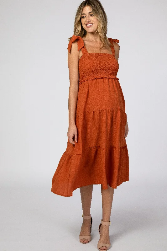 Rust Bow Strap Tiered Maternity Midi Dress Summer midi dresses