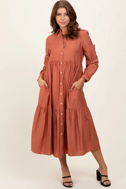 Rust Button Down Long Sleeve Midi Shirt Dress Chiffon midi dresses