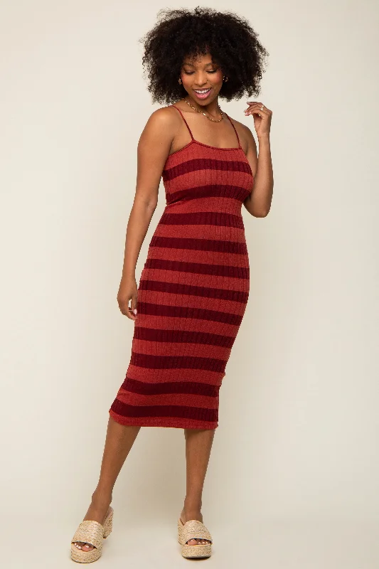 Rust Striped Rib Knit Midi Dress PrettyLittleThing midi dresses