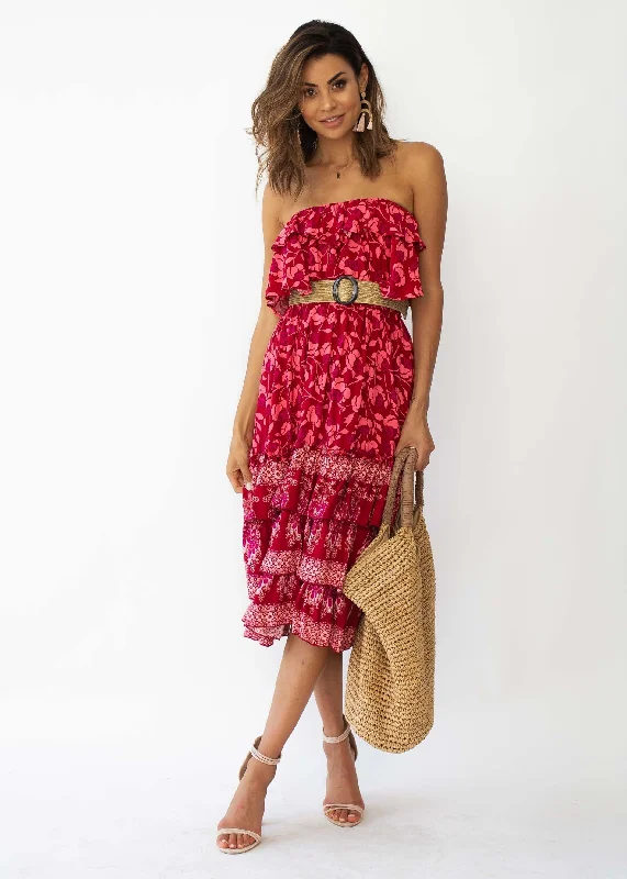 Simona Strapless Midi Dress - Crimson Floral Tiered midi dresses