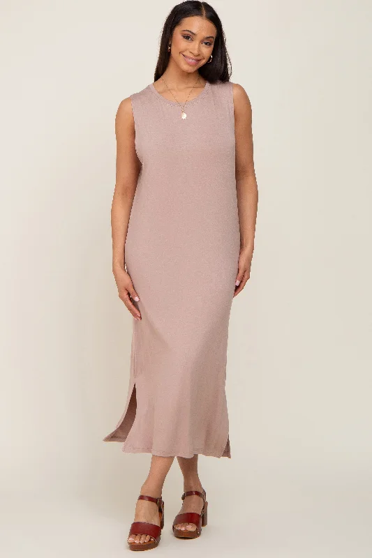 Taupe Sleeveless Side Slit Midi Dress Trendy midi dresses under $50