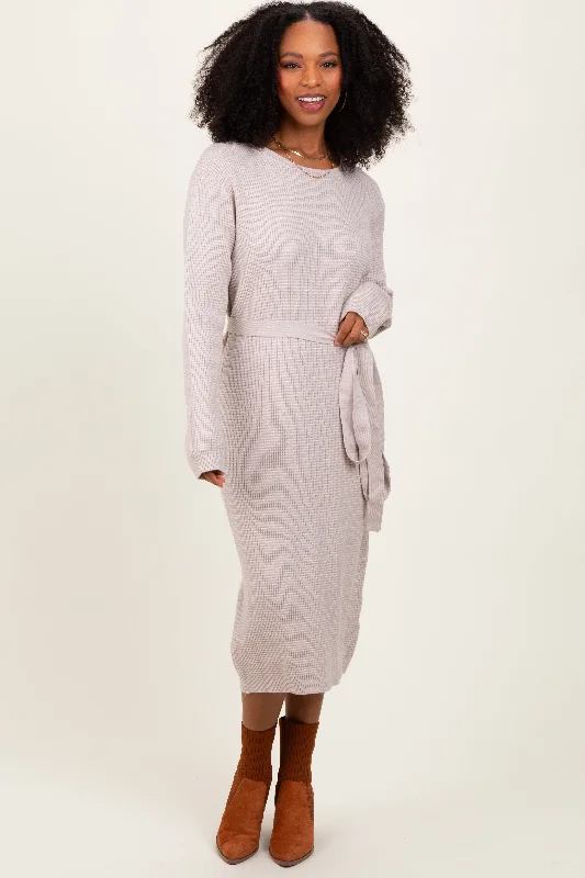 Taupe Waffle Knit Sash Tie Midi Sweater Dress Fall midi dresses