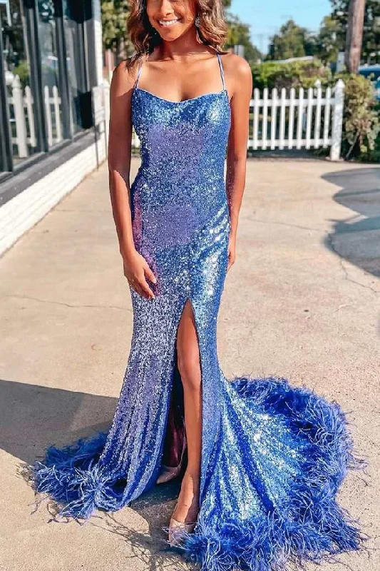 Mermaid Sequined Spaghetti Straps Side Slit Long Prom Dress with Feathers Front Slit Maxi